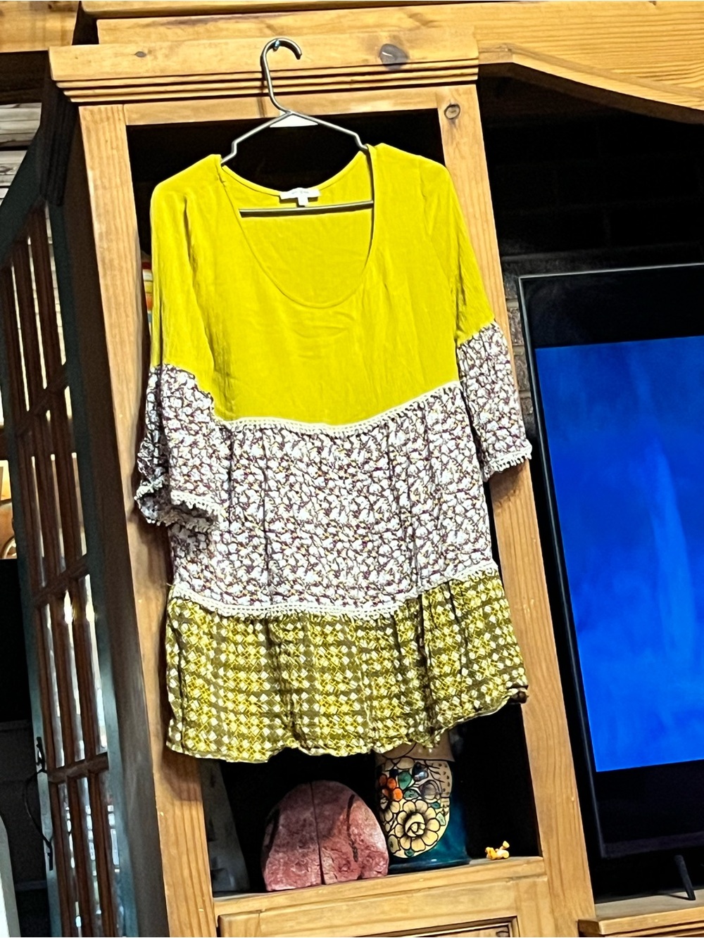Umgee Chartreuse and Floral Tiered Scoop-Neck Tunic